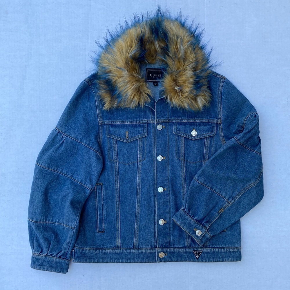 New GUESS Women's Faux-Fur Denim Jacket SZ S